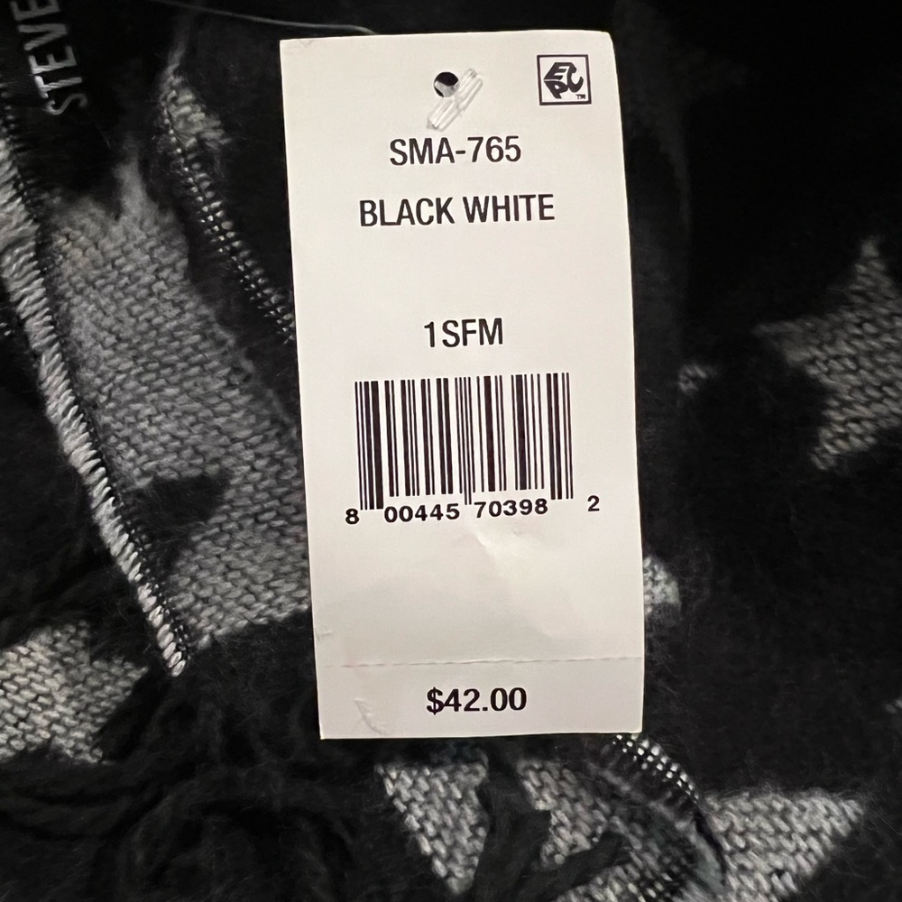 New - STEVE MADDEN Womens Black Jacquard Star Fringed Blanket Scarf - Picture 6 of 6